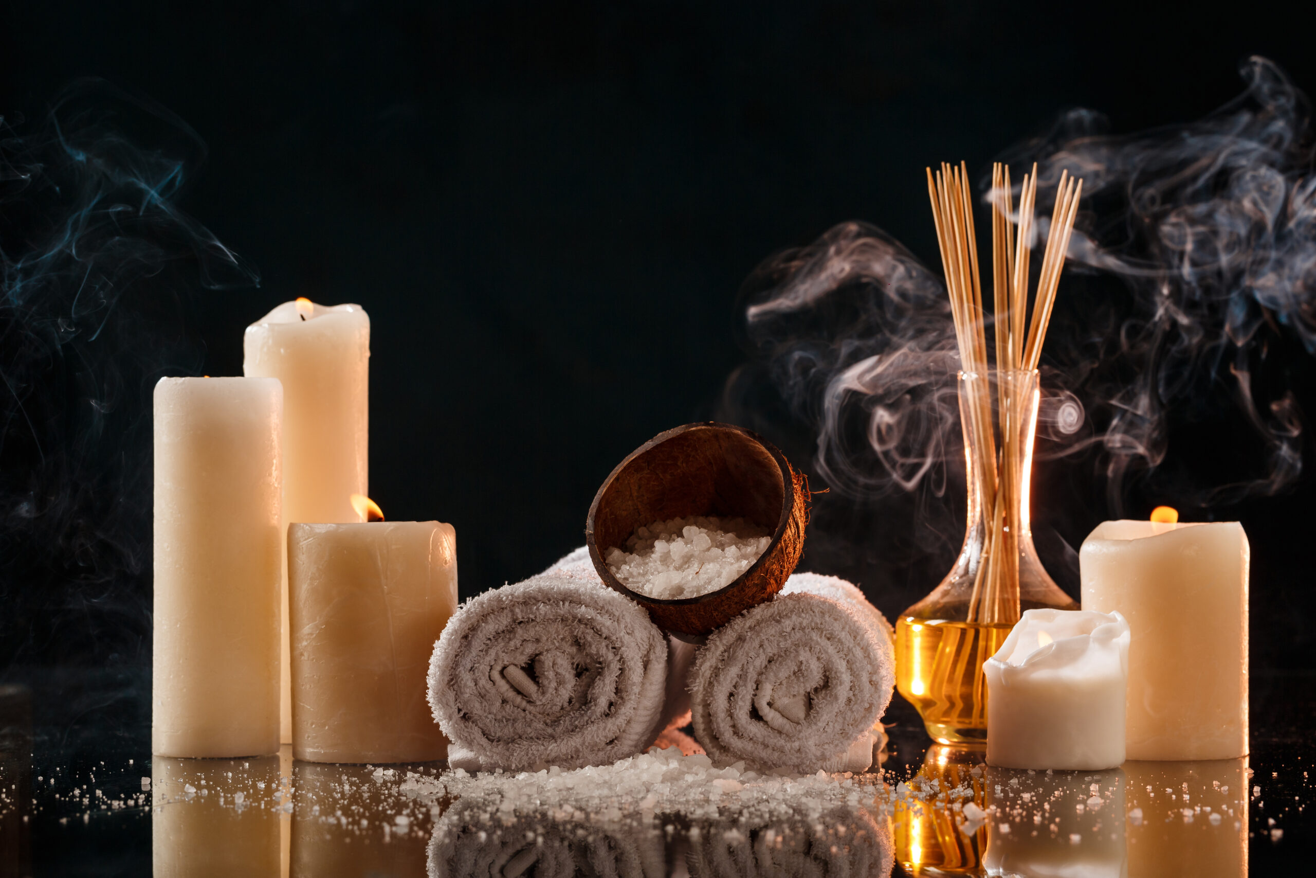 Set of spa treatment over dark background. Copy space.